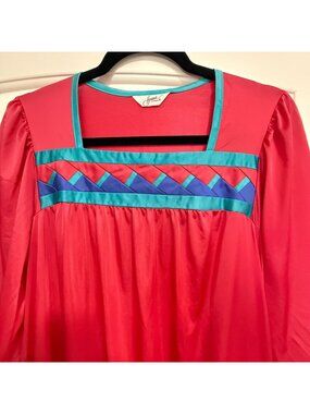 Vintage Henson Kickernick Red & Blue Long Nightgown Square Neck Size S
